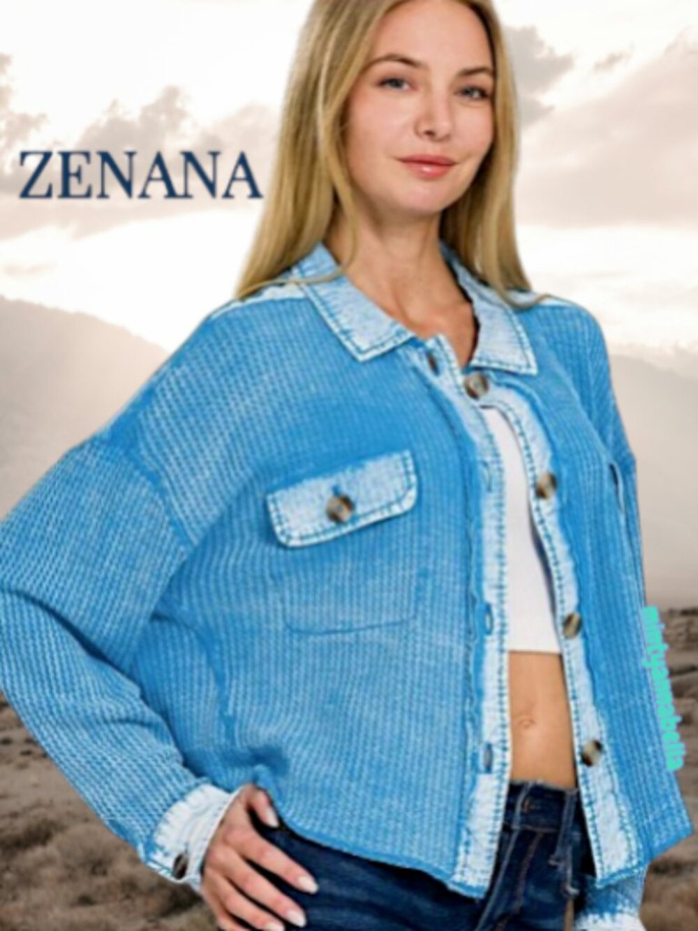Zenana Deep Blue Acid Wash Oversized Cotton Waffle Knit Top
